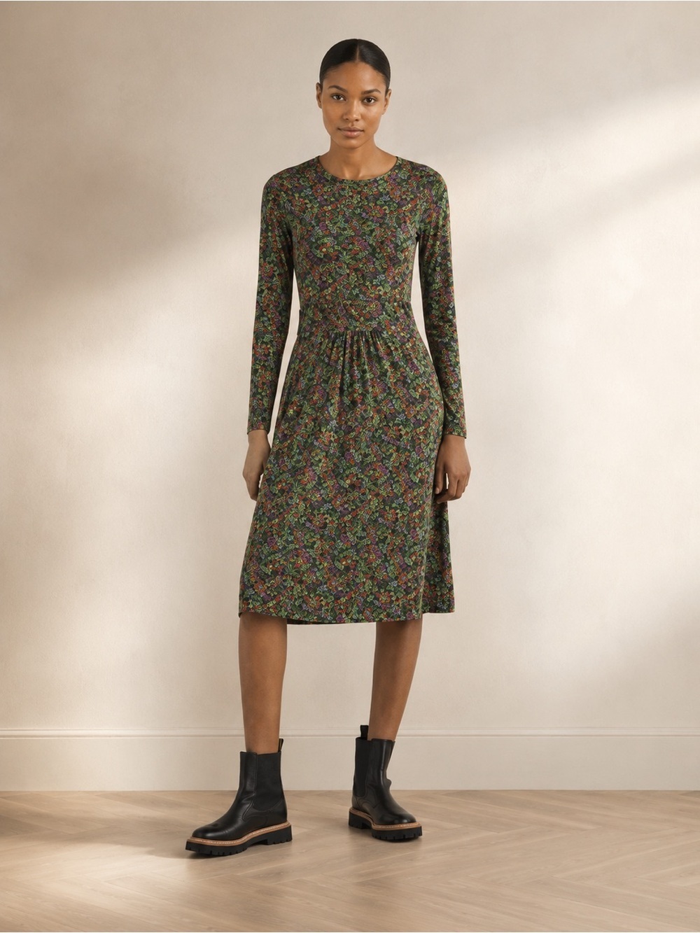 Boden Abigail Long Sleeve Crew Neck Jersey Dress Green Pink Floral Midi Medium 8